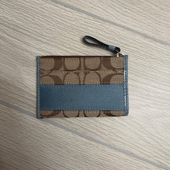 Coach Mini Skinny ID Card Case Signature Brown Canvas Blue Trim - Picture 2 of 11